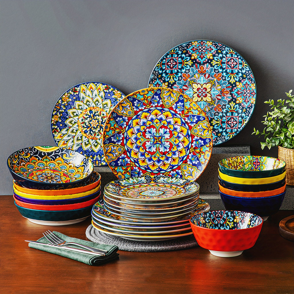 Bohemian Ceramic Dinnerware Set 16 or 24 Piece Stoneware Plates Bowls Tableware Colorful Floral Service for 4 or 6
