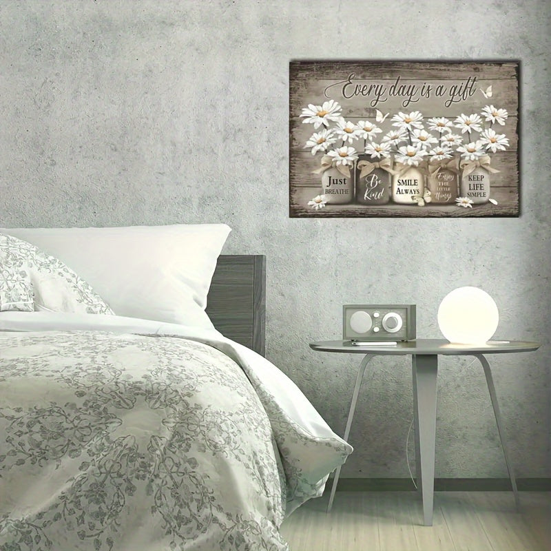 Daisy Butterfly Canvas Wall Art with Wood Frame – 11.8x15.7 Rustic Vintage Floral Inspirational Picture for Bedroom, Living Room, Bathroom & Office, Ready to Hang Home Decor
