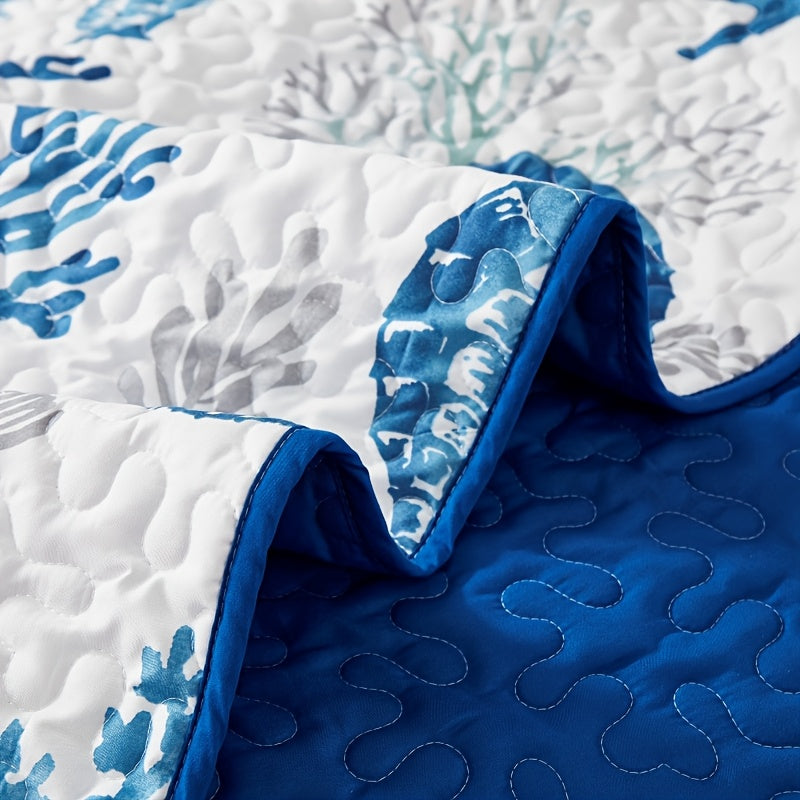 Ocean Style Quilt Cover Set 3pcs - Seahorse and Coral Pattern Bedspread with 2 Pillowcases Machine Washable All Seasons Soft Breathable Bedding for Bedroom and Dorm
