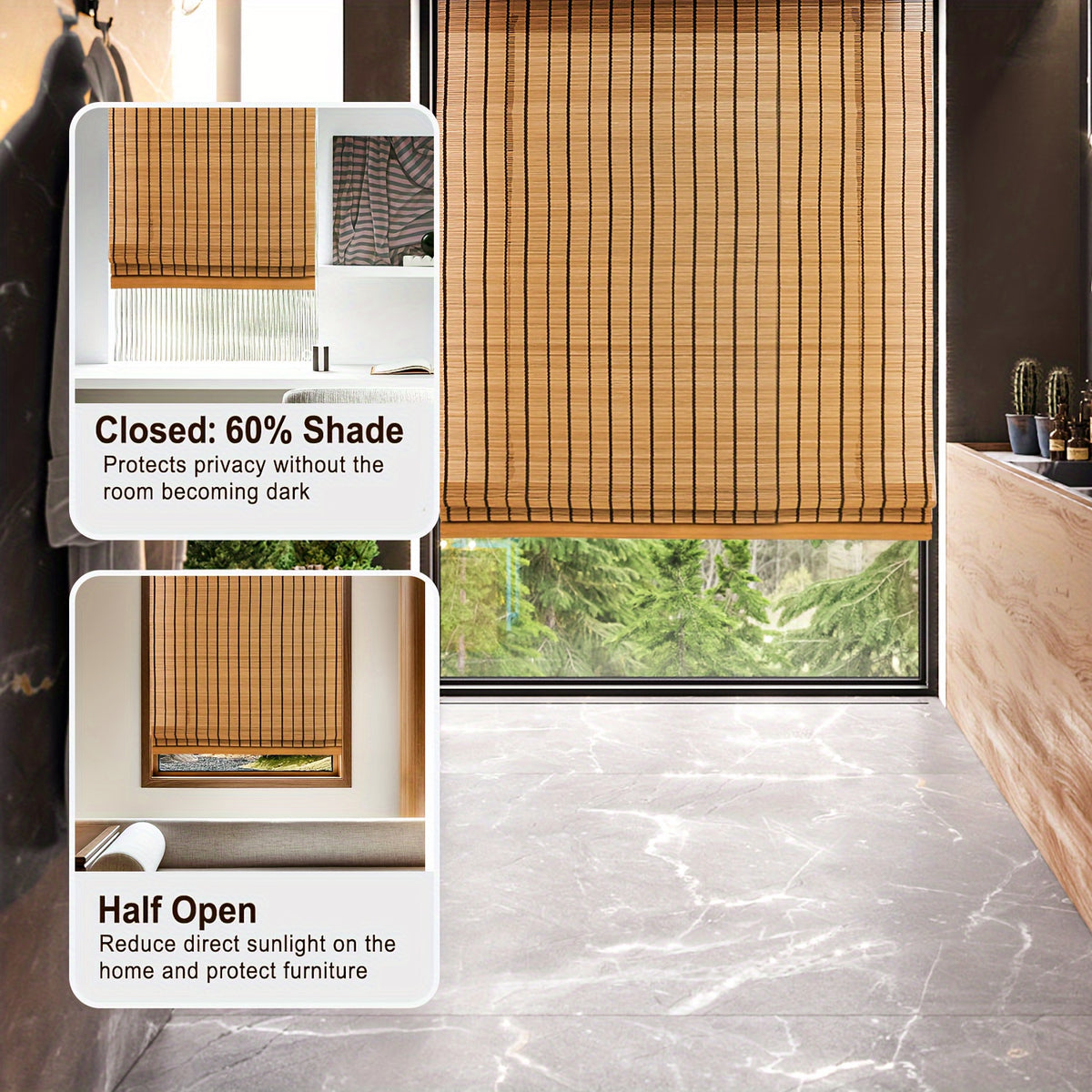 Bamboo Roman Shade – Light Filtering, Adjustable Lift System, Easy Install | Living Room & Home Decor | 13 Sizes | Nuvia Haven