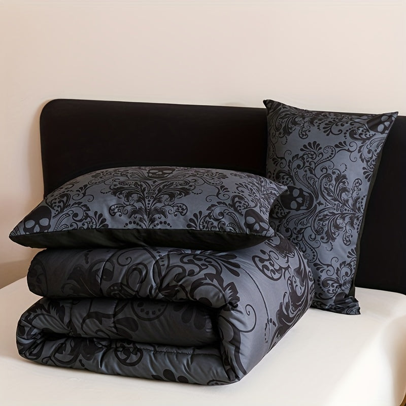 Skull Quilt Set 3 Pcs – Black & Gray Digital Print Comforter with 2 Pillowcases, 180GSM Soft Breathable Bedding for Twin Full Queen King Dorm & Bedroom Decor