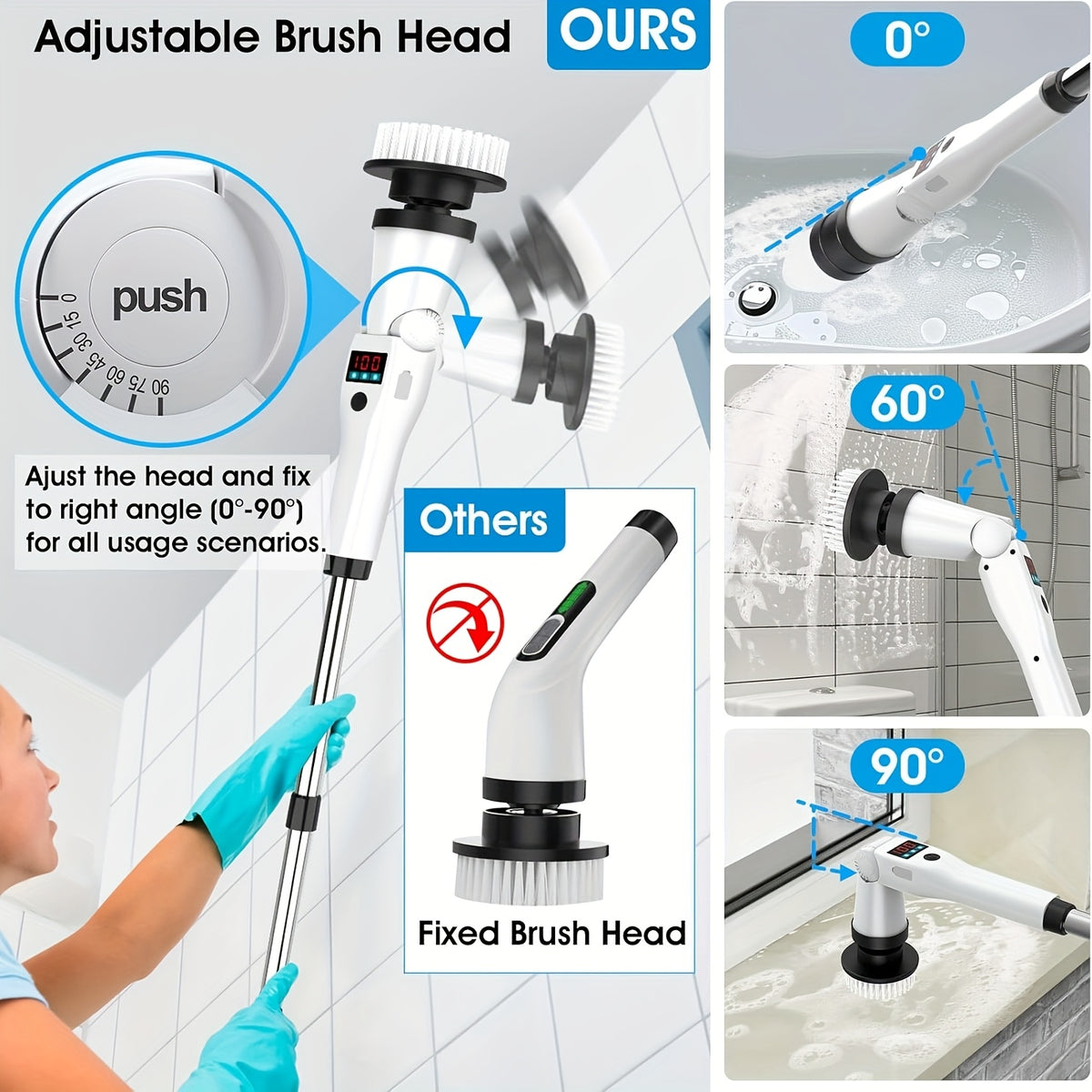 Electric Spin Scrubber Cordless with 8 Replaceable Brush Heads Extension Handle 3 Speeds 90-Min Battery USB Rechargeable for Bathroom Shower Tile Grout Tub Floor Kitchen