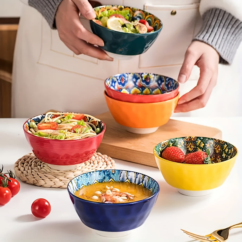 Bohemian Mandala Ceramic Bowl Set 6 Piece Mediterranean Style Colorful Paisley Tableware Microwave Safe Soup Dessert Noodle Salad Bowls for Family Gatherings