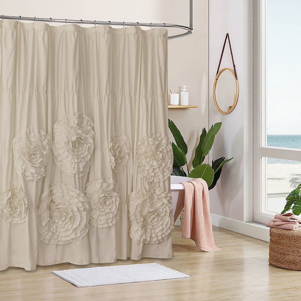 Ruffled Shower Curtain Farmhouse 72x72 - Handmade 3D Flower Vintage Ruched Fabric Bathroom Curtain, Victorian Romantic Luxury Decor, Black Pink Camel, Waterproof Microfiber 12 Holes