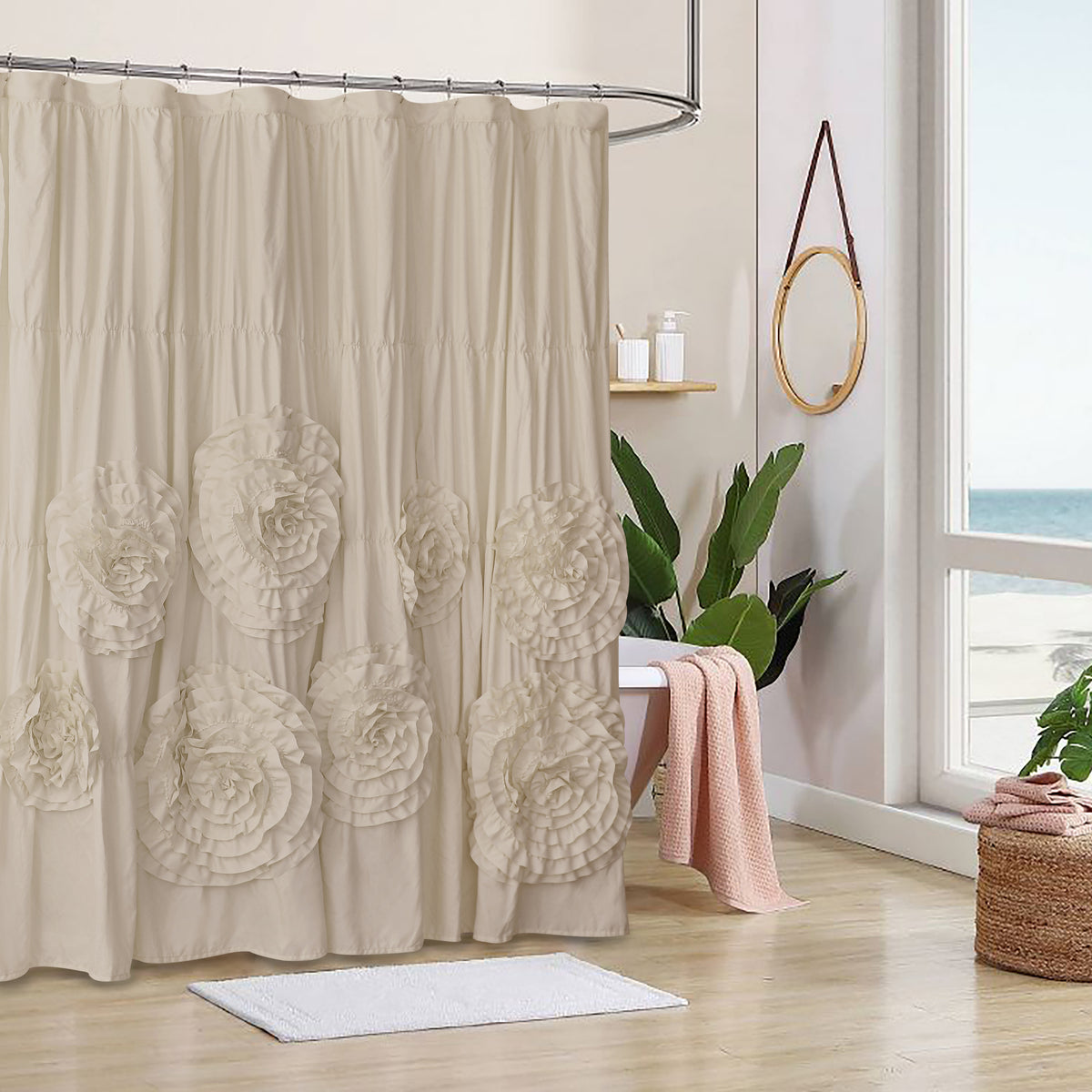 Ruffled Shower Curtain Farmhouse 72x72 - Handmade 3D Flower Vintage Ruched Fabric Bathroom Curtain, Victorian Romantic Luxury Decor, Black Pink Camel, Waterproof Microfiber 12 Holes