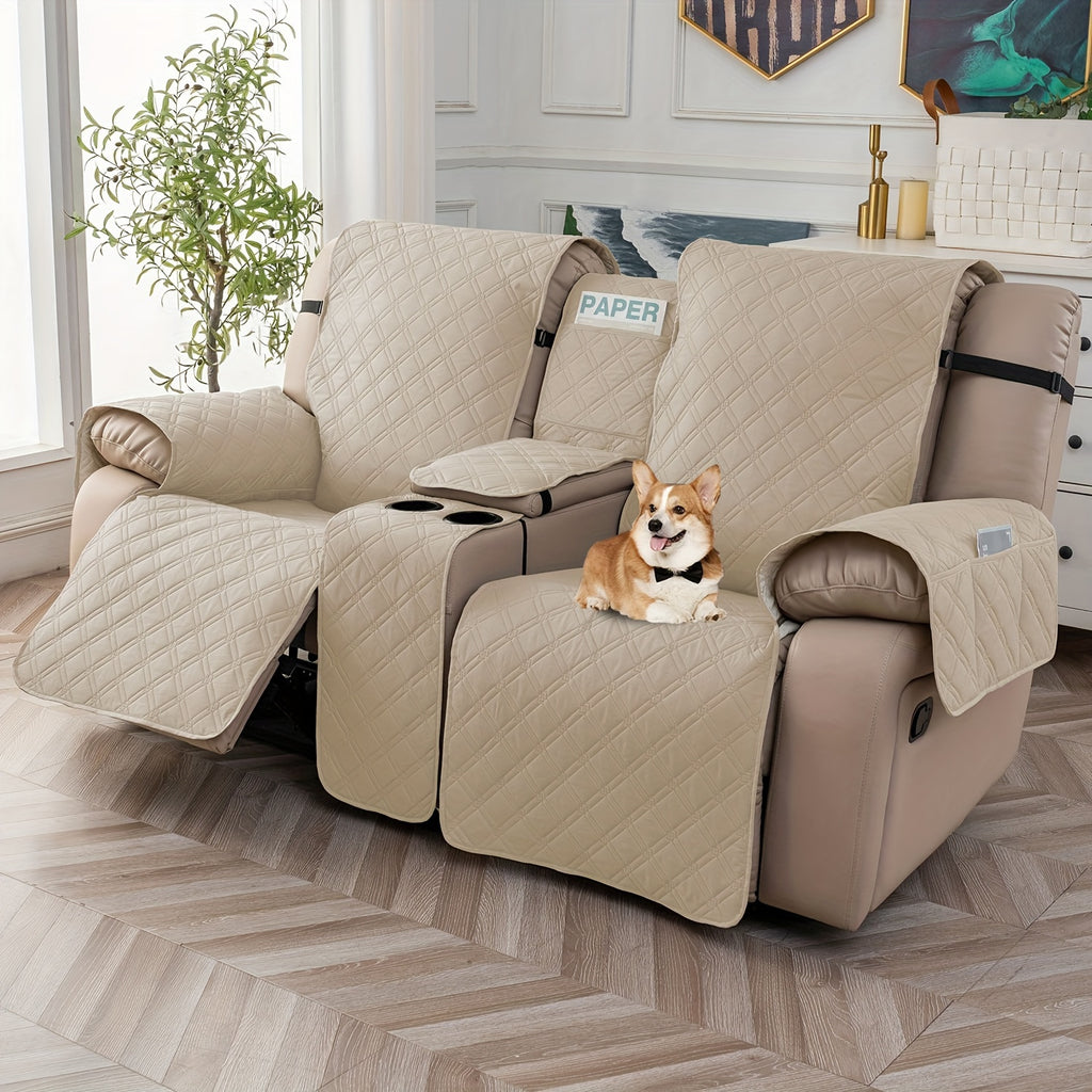 Recliner Loveseat Cover with Console 4-Piece Chenille Quilted Waterproof Slipcover | Non-Slip Pet Scratch Resistant Sofa Protector with Cup Holder Pocket, 9 Colors