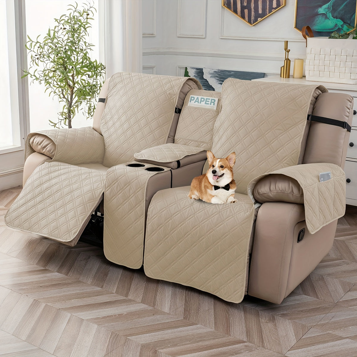 Recliner Loveseat Cover with Console 4-Piece Chenille Quilted Waterproof Slipcover | Non-Slip Pet Scratch Resistant Sofa Protector with Cup Holder Pocket, 9 Colors