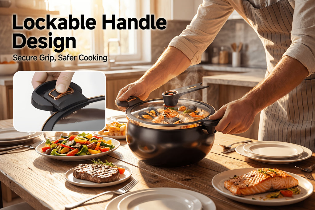 Non-Stick Soup Pot 8.45QT Large Capacity with Twist-Lock Handle Induction Gas Open Fire Universal Stew Pot for Home Restaurant Hotel Black