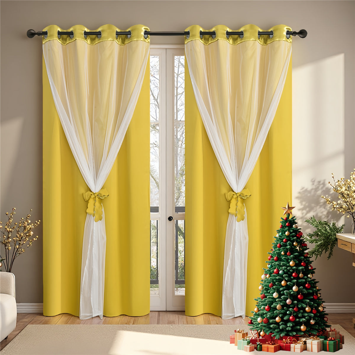 Double Layer Curtains Snowflake Embroidered Sheer Voile + Room Darkening Grommet Drapes – Thermal Insulated Tiebacks Included | 7 Colors Pack of 2
