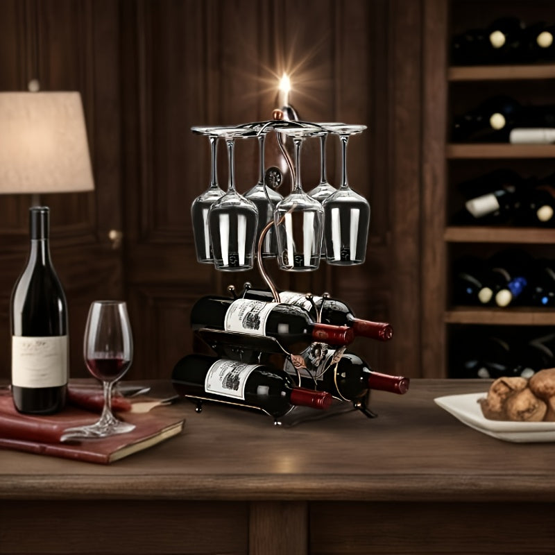 Countertop Wine Rack with Wine Glass Holder Holds 4 Bottles and 6 Glasses Iron Retro Bar Organizer for Kitchen Home Bar Pantry Dining Room