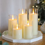 Flameless LED Pillar Candles Set of 5 with Remote Control & Timer, Battery Operated Flickering Candles, 3-Inch Diameter Organic Glass, 4" 5" 6" 8" Sizes - Ivory, Gray & Amber for Home & Halloween Decor