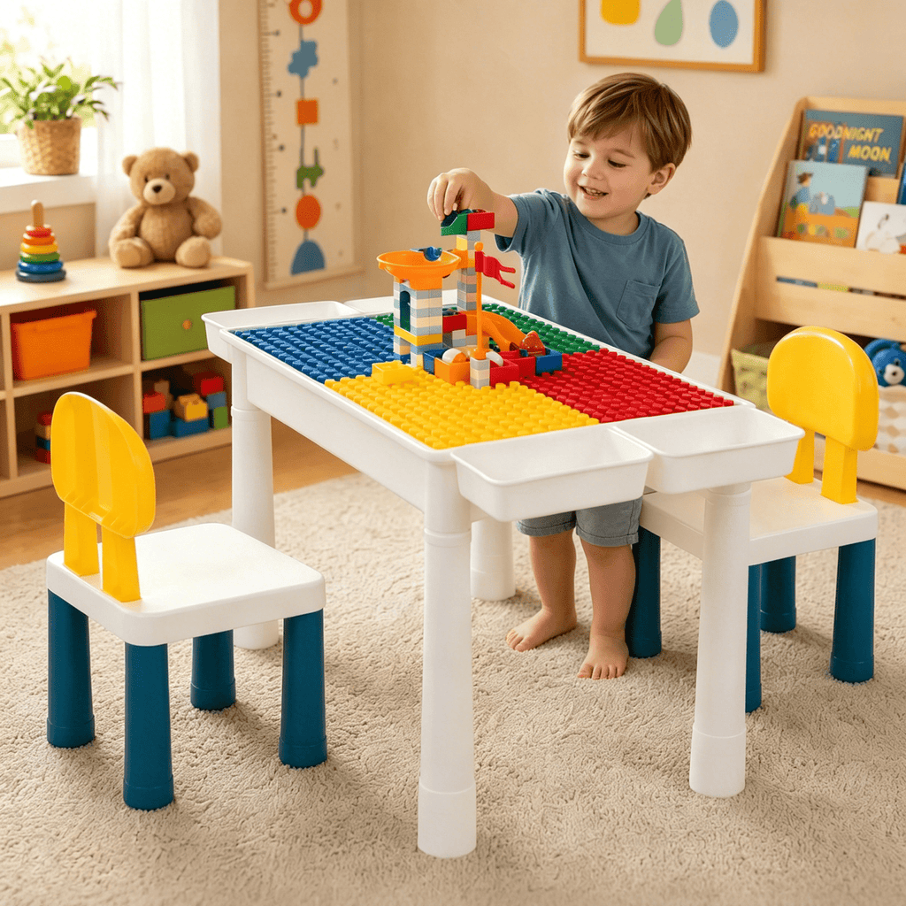 Kids Activity Table Set with 2 Chairs & 100Pcs Building Blocks – 7-in-1 Toddler Play Table, Adjustable Height, Water Sand Writing Block Table for Boys Girls Ages 3-6, STEM Learning Toy Gift