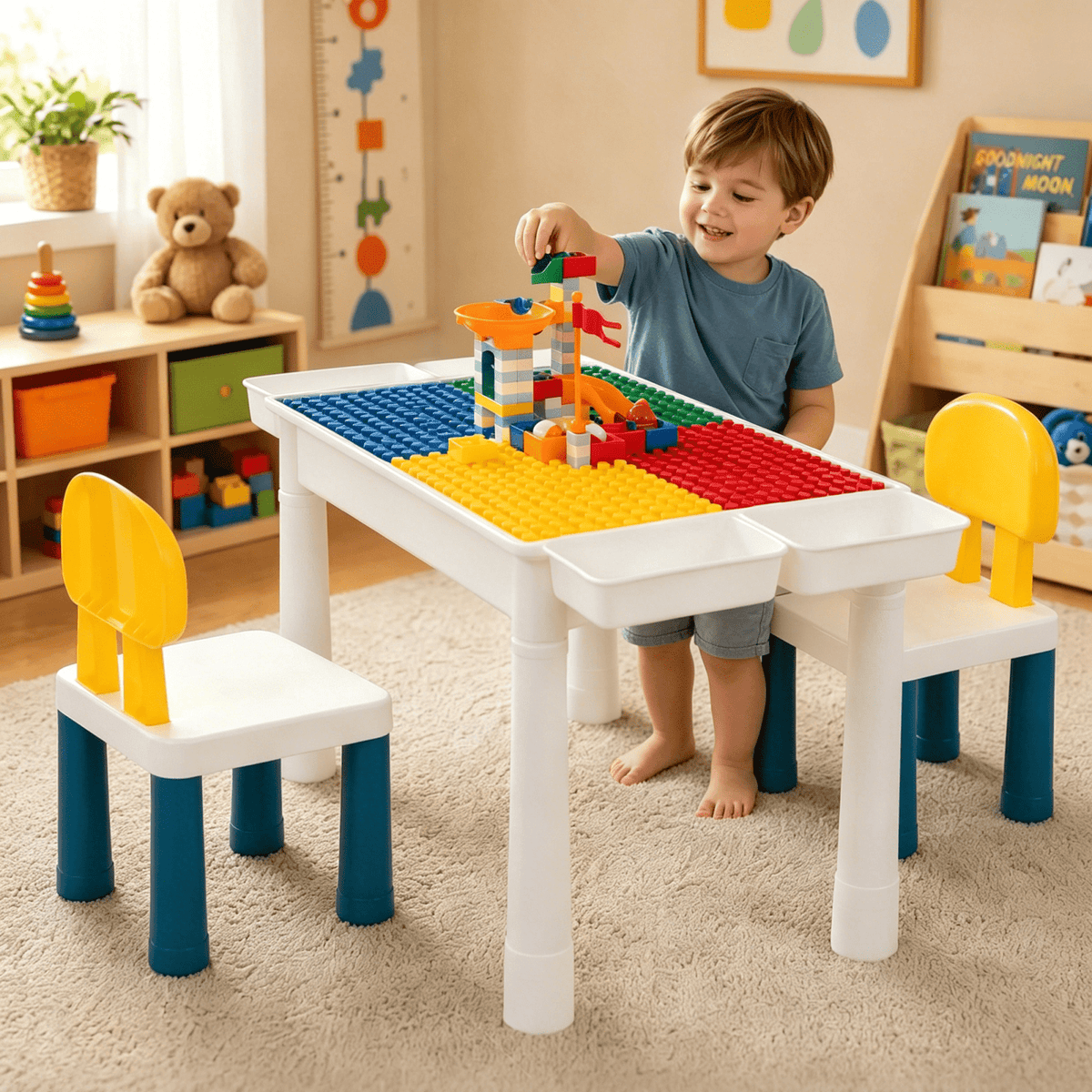 Kids Activity Table Set with 2 Chairs & 100Pcs Building Blocks – 7-in-1 Toddler Play Table, Adjustable Height, Water Sand Writing Block Table for Boys Girls Ages 3-6, STEM Learning Toy Gift