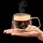 Double Wall Insulated Glass Coffee Cups Set of 4 with Golden Spoons | Transparent Hot Cold Drinkware for Home Office Coffee Shop
