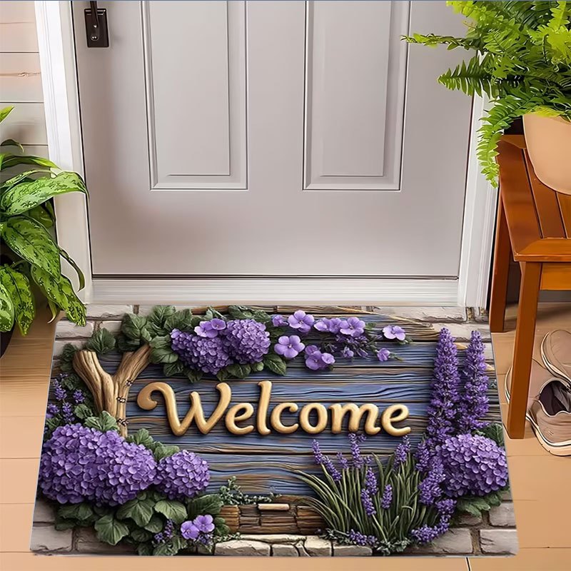 Floral Doormat Indoor Non-Slip Hydrangea Lavender Print Flannel Welcome Mat Easy Clean for Entrance Bedroom Living Room Holiday Decor 3 Sizes