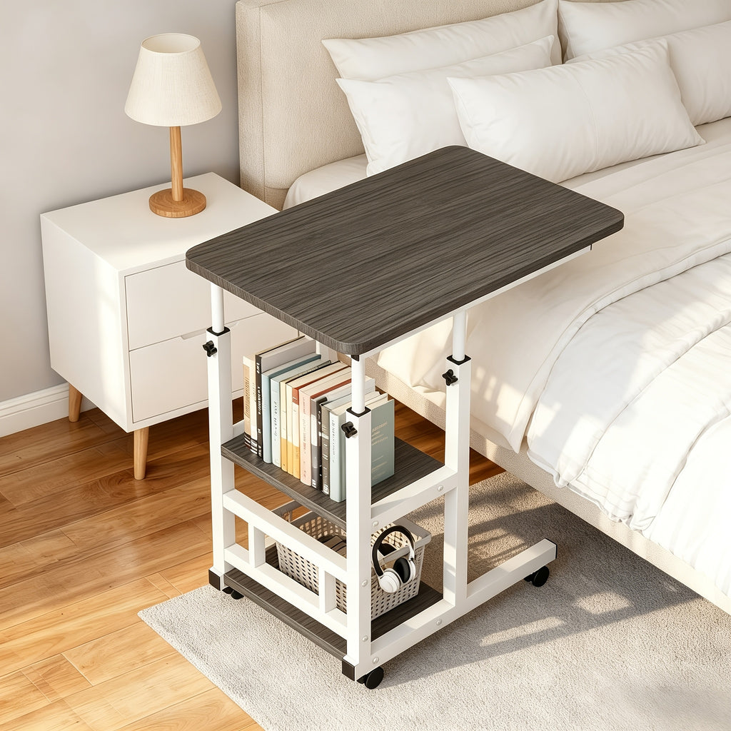 Rolling Over-Bed Table with 2-Layer Storage Rack | Mobile Bedside & Sofa Laptop Table, Solid Metal Frame, Smooth Wheels, Space-Saving Design – Multiple Colors