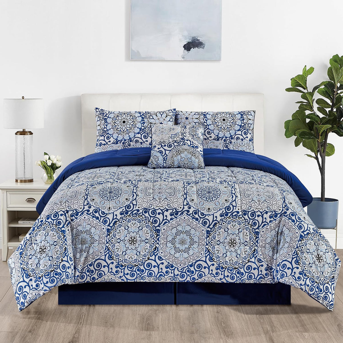 5-Piece Comforter Set – Reversible Quilted Down Alternative Bedding Set with Pillow Shams, Bed Skirt & Cushion | All Season | Twin, Queen, King