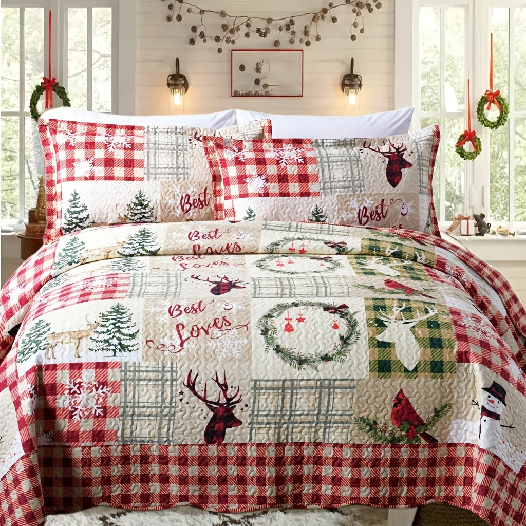 Christmas Quilt Set Queen King 3 Piece – Rustic Lodge Deer Snowman Snowflake Holiday Bedding Ensemble, Quilted Bedspread Coverlet with Pillow Shams, Machine Washable Lightweight Comforter