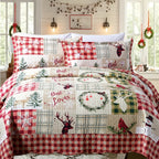 Christmas Quilt Set Queen King 3 Piece – Rustic Lodge Deer Snowman Snowflake Holiday Bedding Ensemble, Quilted Bedspread Coverlet with Pillow Shams, Machine Washable Lightweight Comforter
