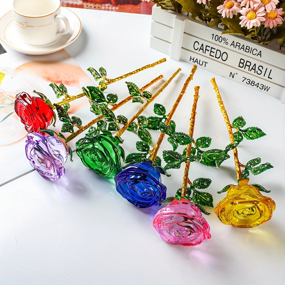 Crystal Rose Decorative Accent Flower Sculpture, Single Stem Glass Rose Home Decor Ornament, Indoor Outdoor Room Decoration, Valentine's Day Christmas Birthday Gift for Her Him – 4 Colors
