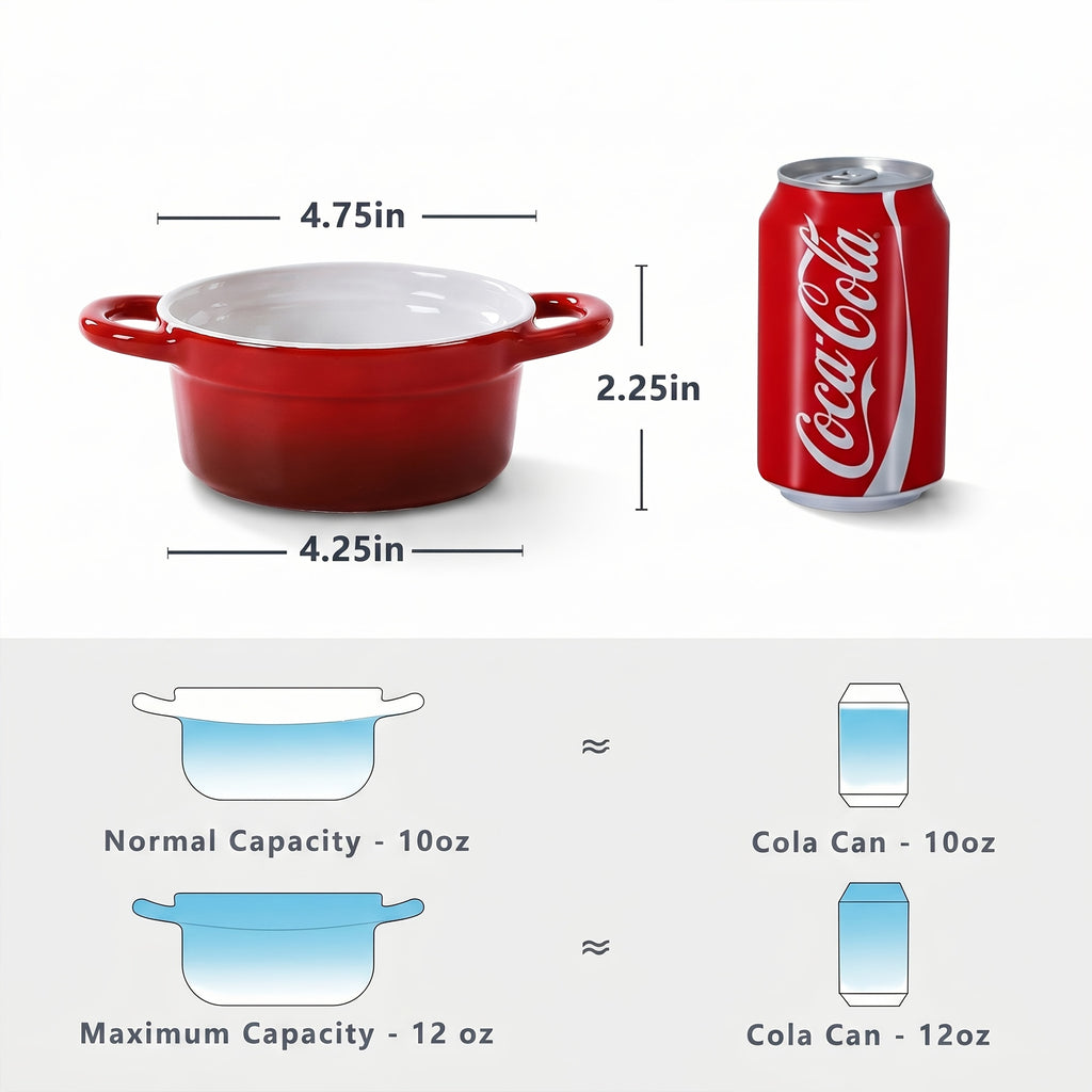 Mini Cocotte Set of 4 - 12oz Ceramic Casserole Dishes with Handles & Lids - Small Baking Ramekins Oven Microwave Dishwasher Safe, French Style Individual Serving Dishes, Red Blue White