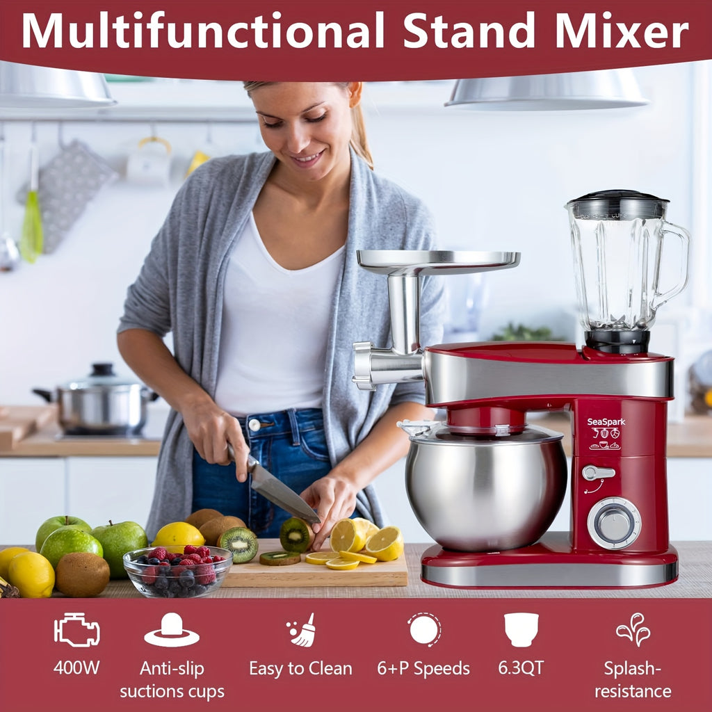 Stand Mixer 6-in-1 with 6.3QT Stainless Steel Bowl, 400W 6-Speed Tilt-Head Kitchen Mixer with Dough Hook, Egg Beater, Whisk, Juicer & Meat Grinder Attachments