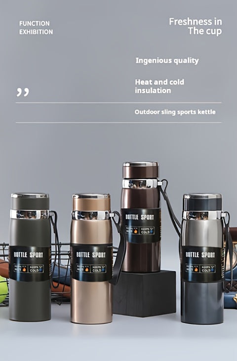 316 Stainless Steel Insulated Water Bottle 800ml/27oz with Carrying Sling - Keeps Cold 24 Hrs & Hot 10 Hrs, Portable Travel Bottle for Camping Hiking Driving, Gradient Blue Red Steel