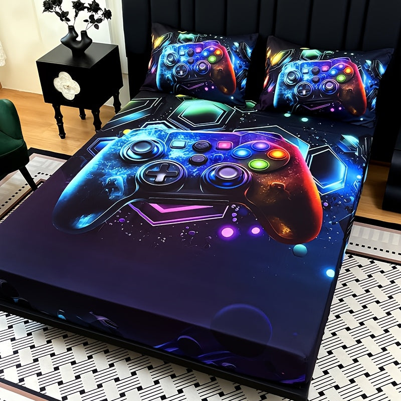 Gamepad Bed Sheet Set 3 Piece – Sports & Leisure Video Game Print Flat Sheet with 2 Pillowcases, Deep Pocket 15" Mattress Fit, High Definition Print Bedroom Decor Gift for Boys and Girls