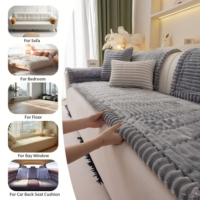 Boho Plush Sofa Cover with Ruffled Edges – Thick Warm Pet-Friendly Couch Protector, Bohemian Style Home Decoration Slipcover for Living Room Sofa Couch Furniture