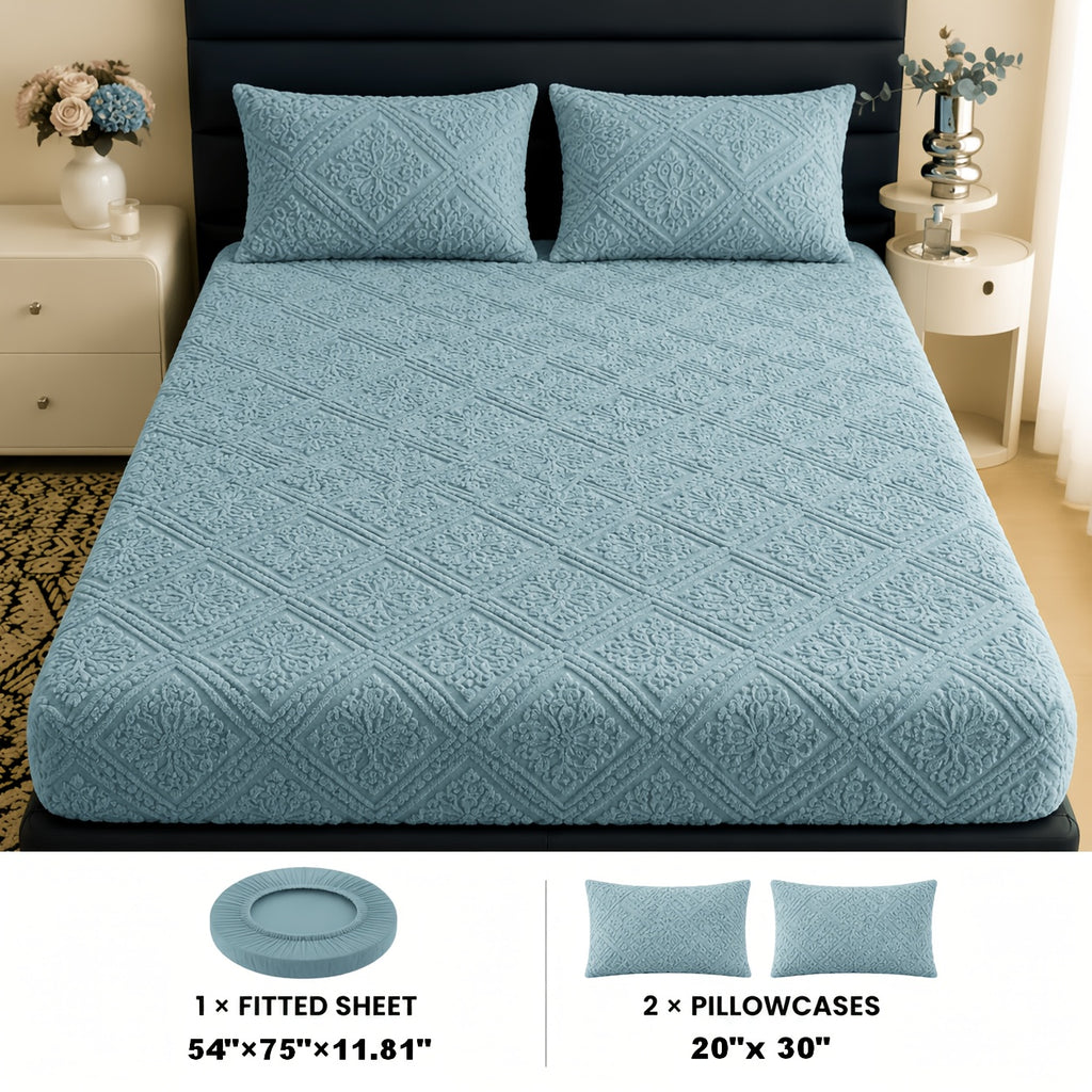Embossed Fitted Sheet Set Super Soft Deep Pocket - European Texture Bed Sheets All Season, Machine Washable, Optional Pillowcases, Twin Full Queen King Sizes, 5 Colors Bedroom Bedding