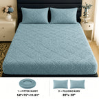 Embossed Fitted Sheet Set Super Soft Deep Pocket - European Texture Bed Sheets All Season, Machine Washable, Optional Pillowcases, Twin Full Queen King Sizes, 5 Colors Bedroom Bedding