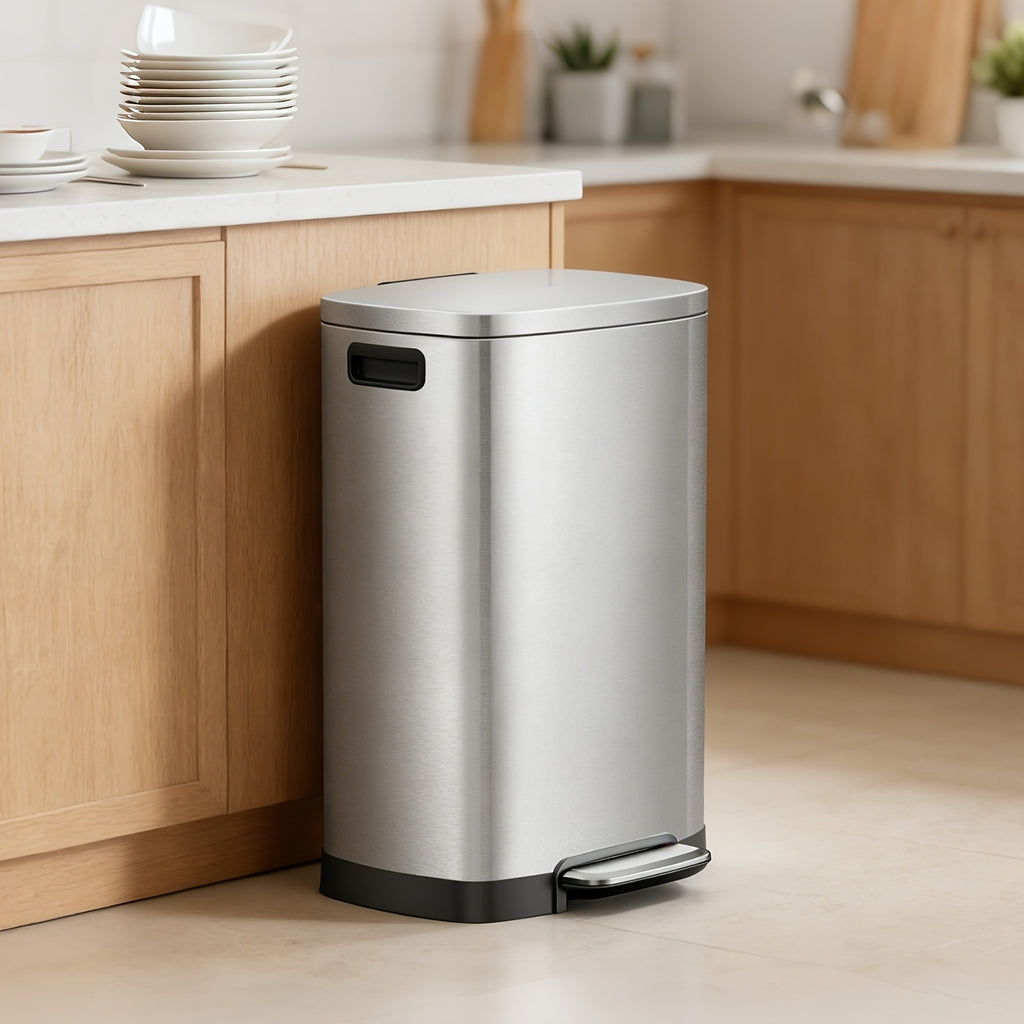 13-Gallon Stainless Steel Trash Can with Soft-Close Lid & Foot Pedal, Fingerprint-Resistant Kitchen Garbage Can with Removable Inner Bucket, Odor-Proof Touchless Waste Bin for Kitchen Bedroom Office – 2 Colors
