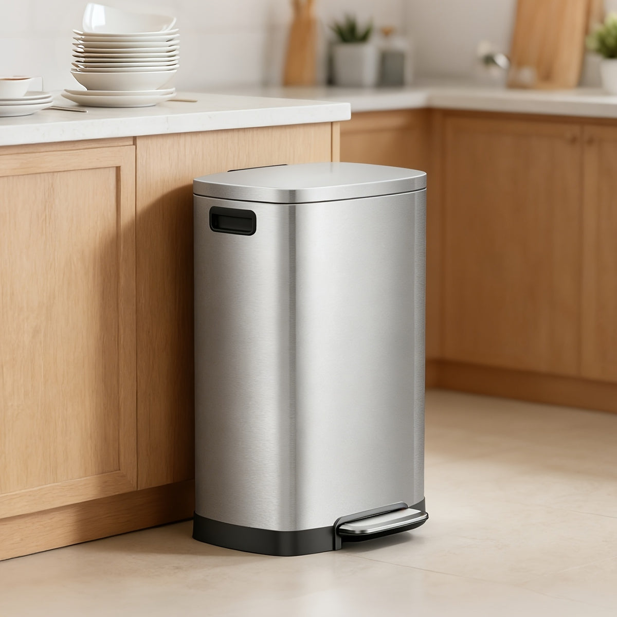 13-Gallon Stainless Steel Trash Can with Soft-Close Lid & Foot Pedal, Fingerprint-Resistant Kitchen Garbage Can with Removable Inner Bucket, Odor-Proof Touchless Waste Bin for Kitchen Bedroom Office – 2 Colors