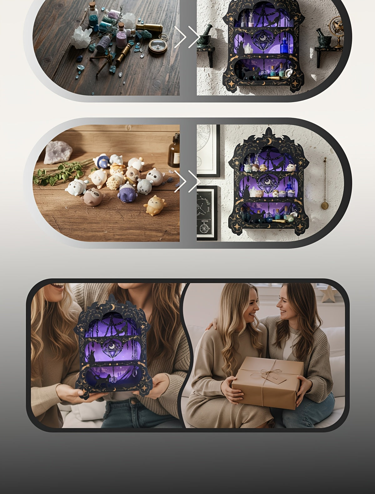 Wooden Floating Wall Shelf Crystal Display Shelf Rock Gem Stone Organizer Essential Oil Holder Wicca Spiritual Meditation Decor Gift