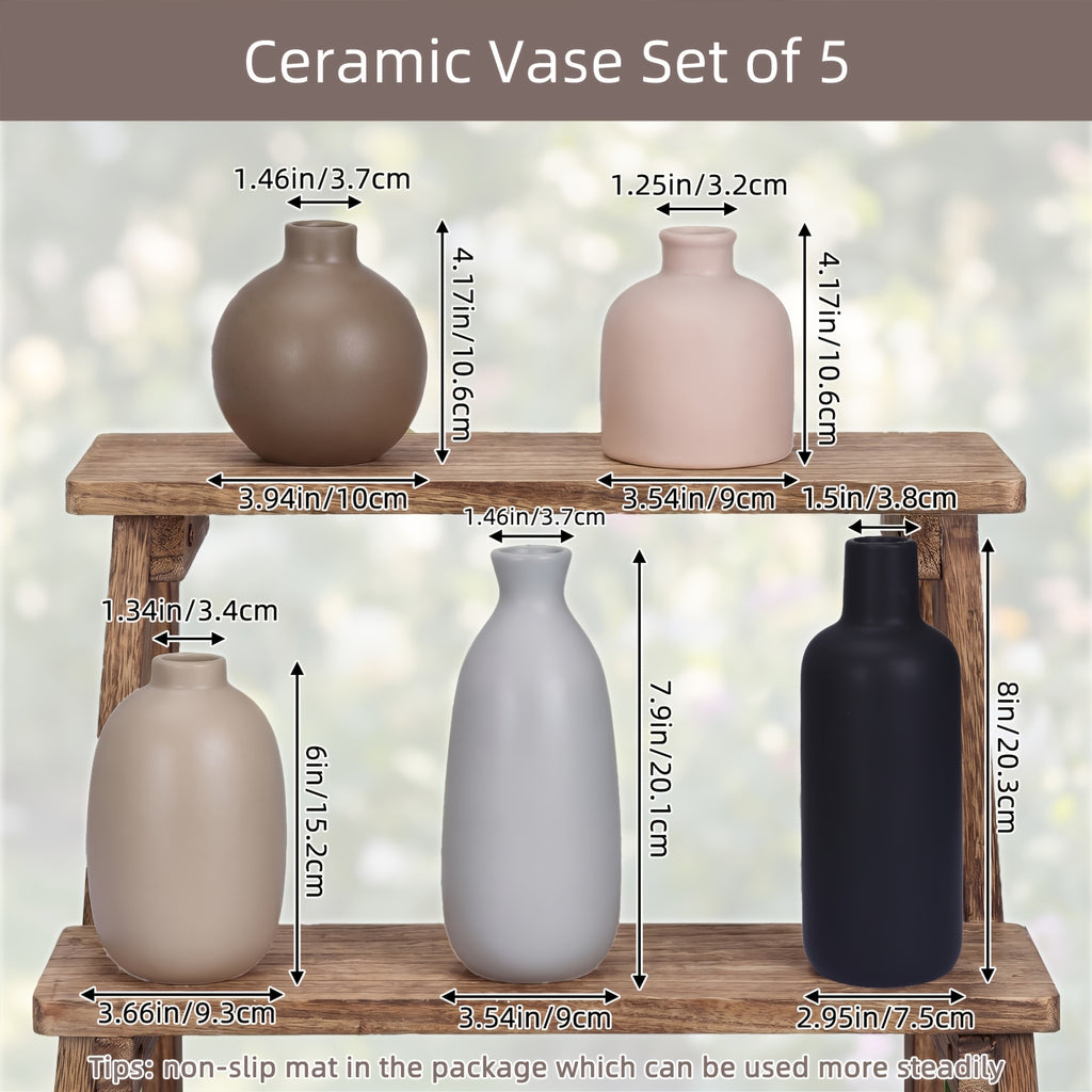 Ceramic Vase Set 5 Pieces Matte – Nordic Boho Minimalist Flower Holders for Shelf, Mantle & Entryway Table Decor | Home Decorations