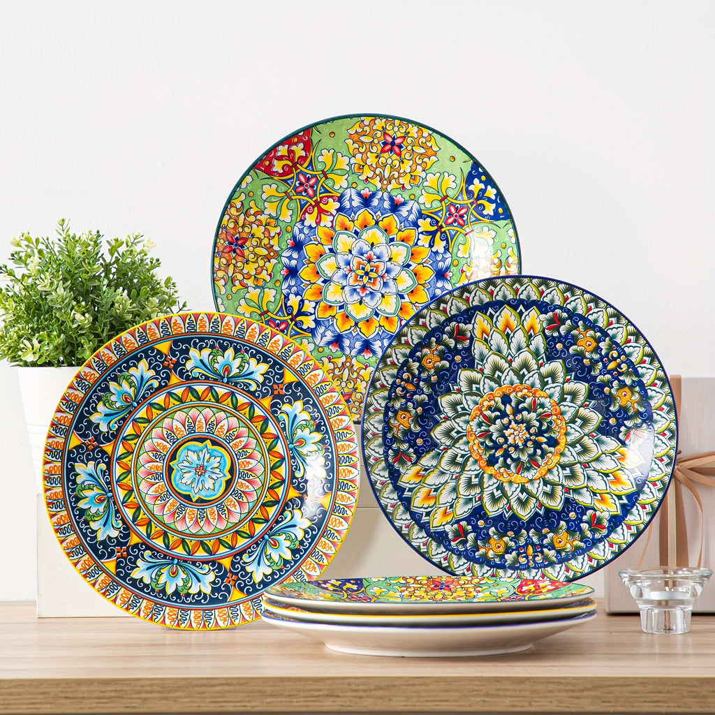 Bohemian Stoneware Dinner Plate Set of 6 – 10.5 Inch Colorful Hand-Painted Ceramic Plates | Microwave & Dishwasher Safe | Home, Restaurant & Wall Decor