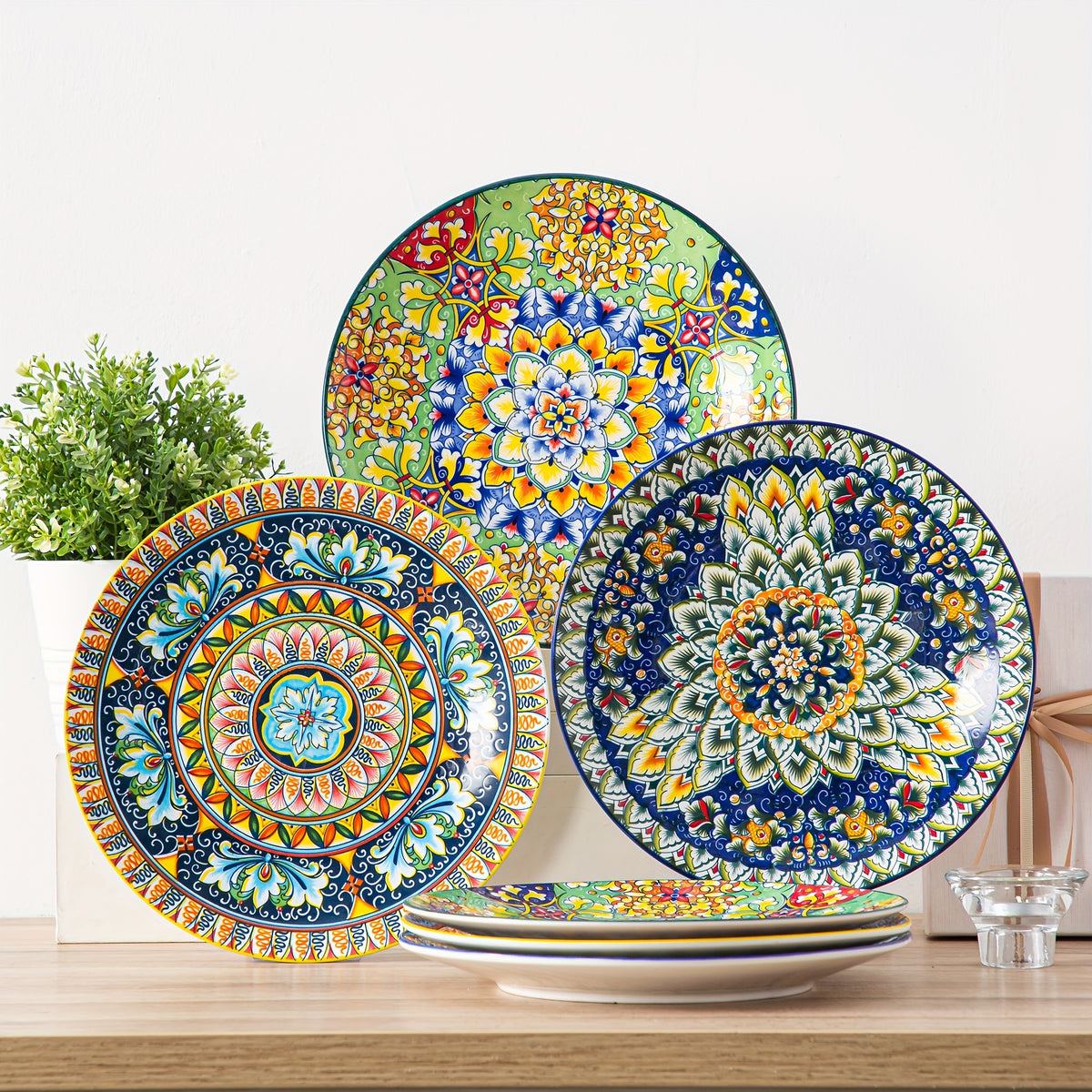 Bohemian Stoneware Dinner Plate Set of 6 – 10.5 Inch Colorful Hand-Painted Ceramic Plates | Microwave & Dishwasher Safe | Home, Restaurant & Wall Decor