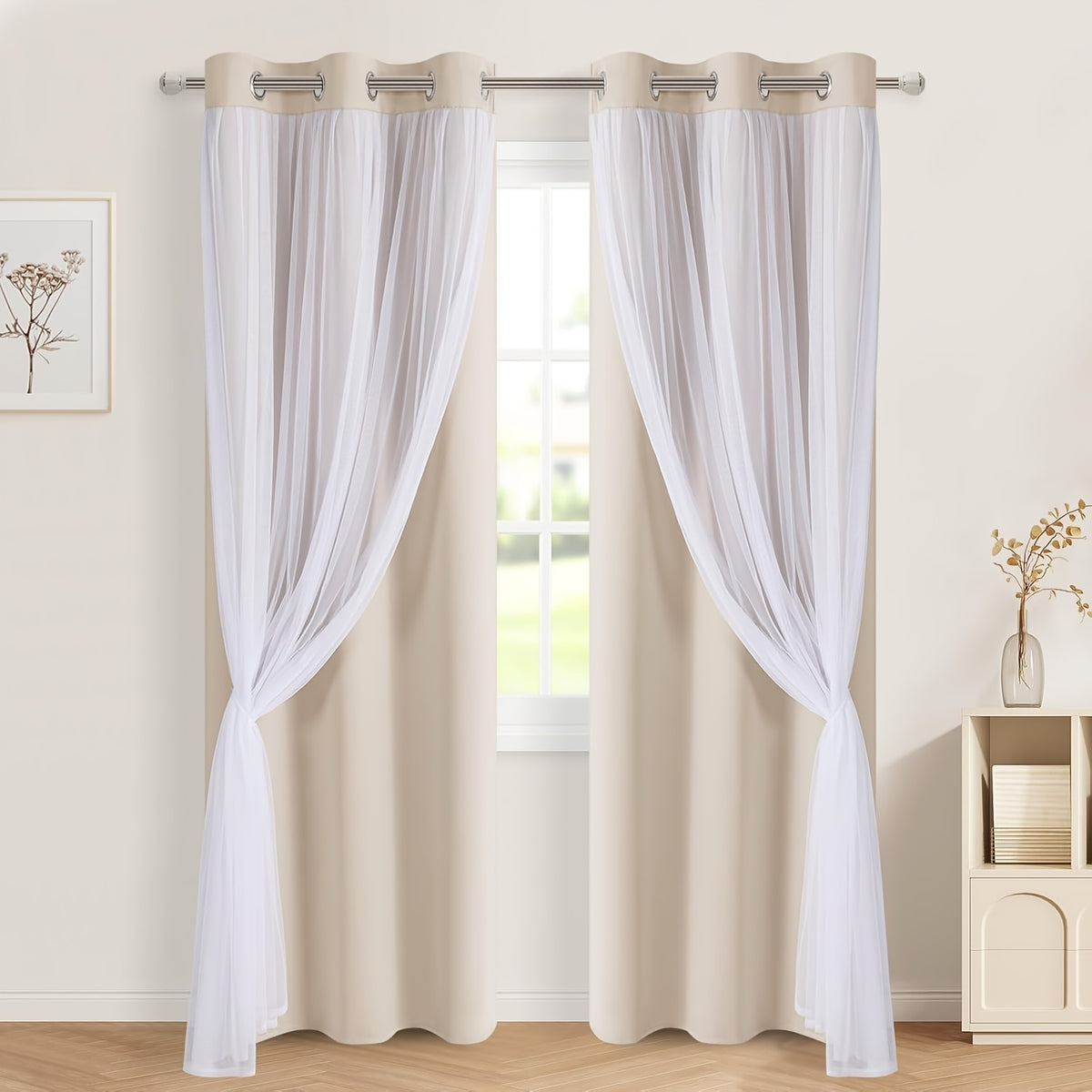 Double Layer Blackout Curtains with Sheer Overlay 2 Panels - Grommet Top Thermal Insulated Mix & Match Window Drapes with Tiebacks for Bedroom Living Room, All Season
