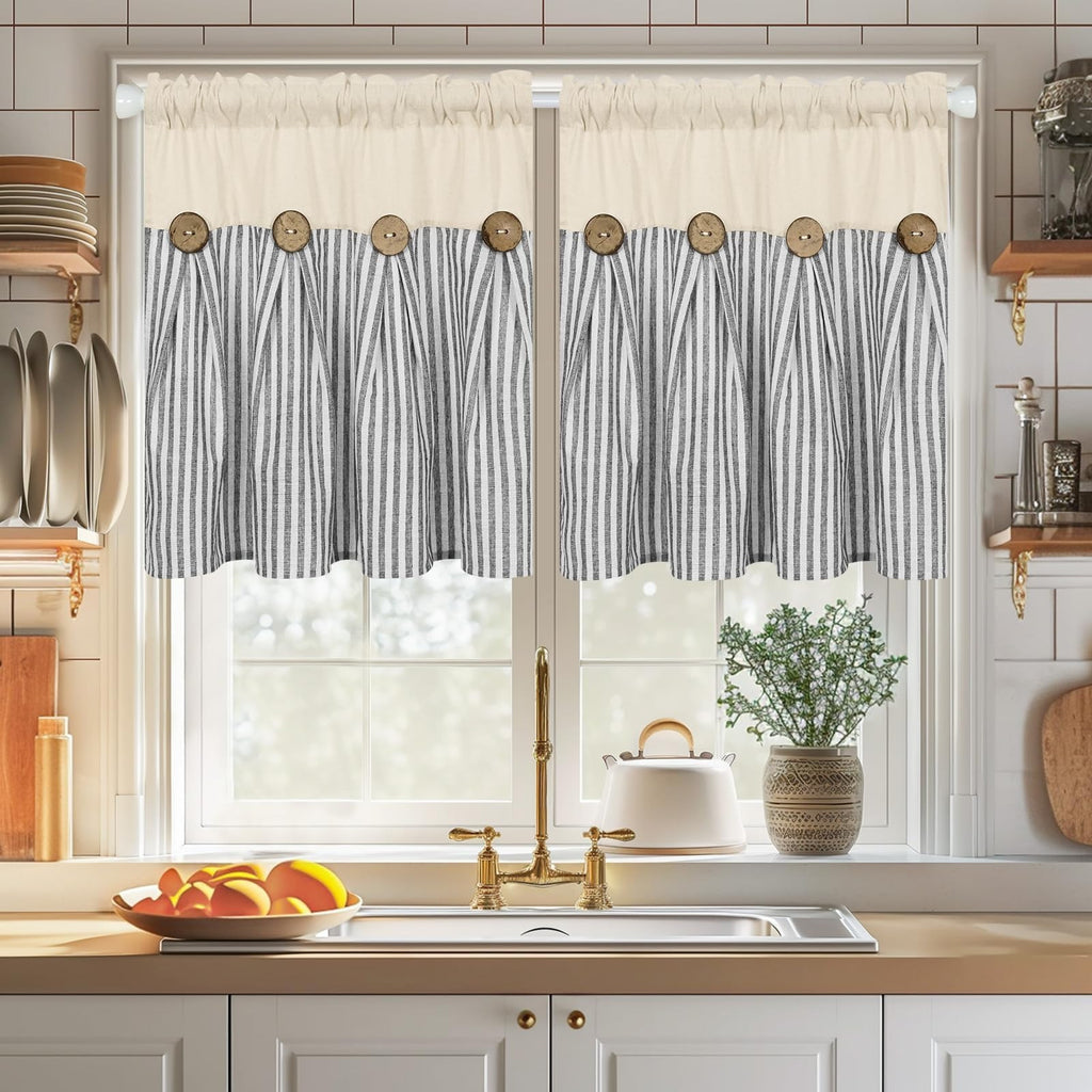Striped Patchwork Semi-Sheer Rod Pocket Curtains – Bohemian Tiered Window Panels for Bedroom, Living Room, Kitchen, Bathroom & Cafe | 1 or 2 Pcs