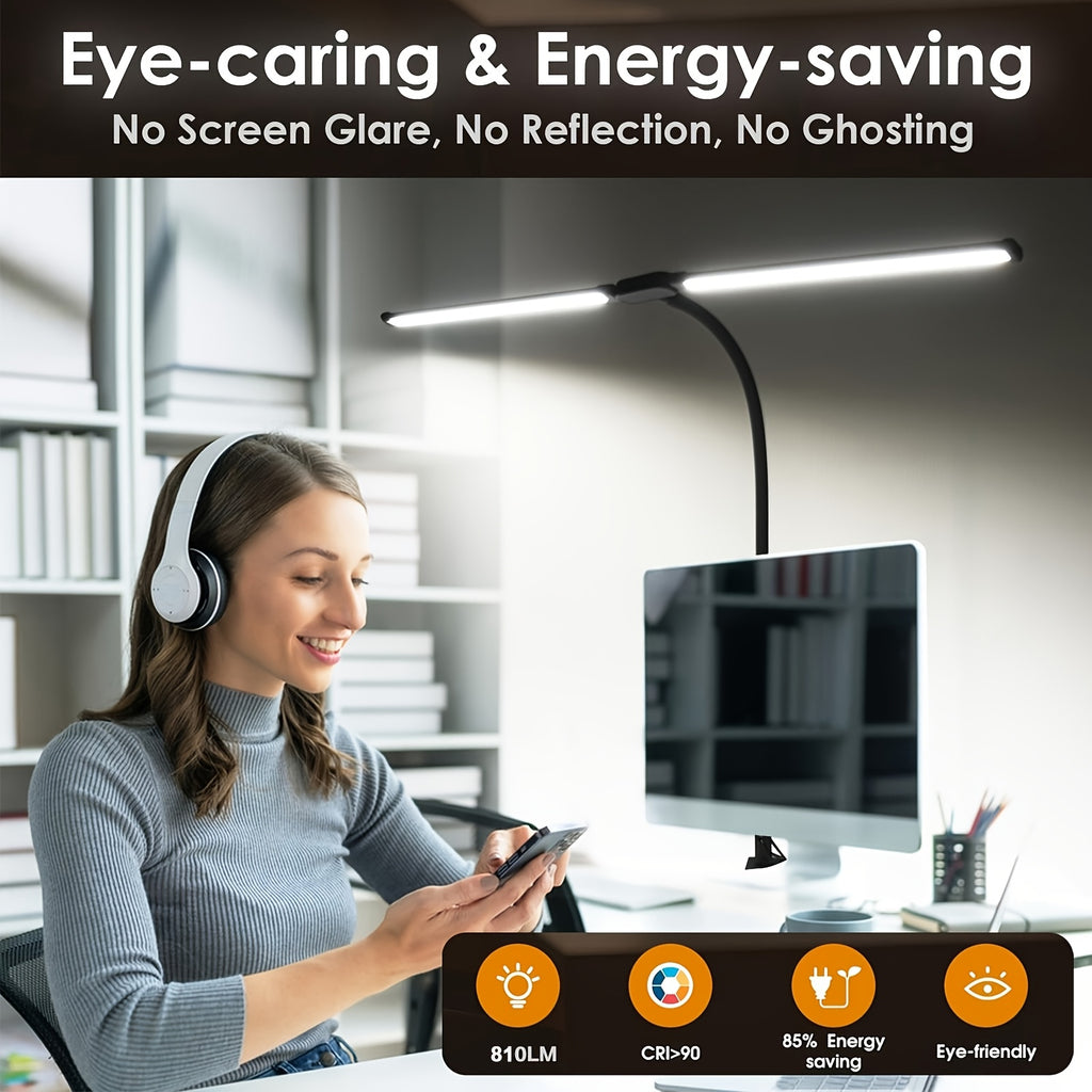 Dual Head LED Desk Lamp Touch Dimmable Gooseneck with Clip & Base USB 13W 3 Color Modes 10 Brightness Levels for Home Office Study Gaming