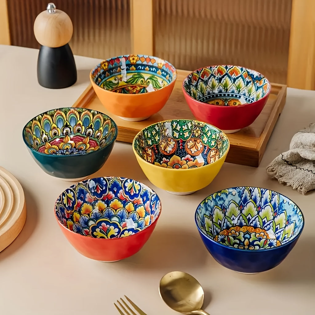 Bohemian Mandala Ceramic Bowl Set 6 Piece Mediterranean Style Colorful Paisley Tableware Microwave Safe Soup Dessert Noodle Salad Bowls for Family Gatherings