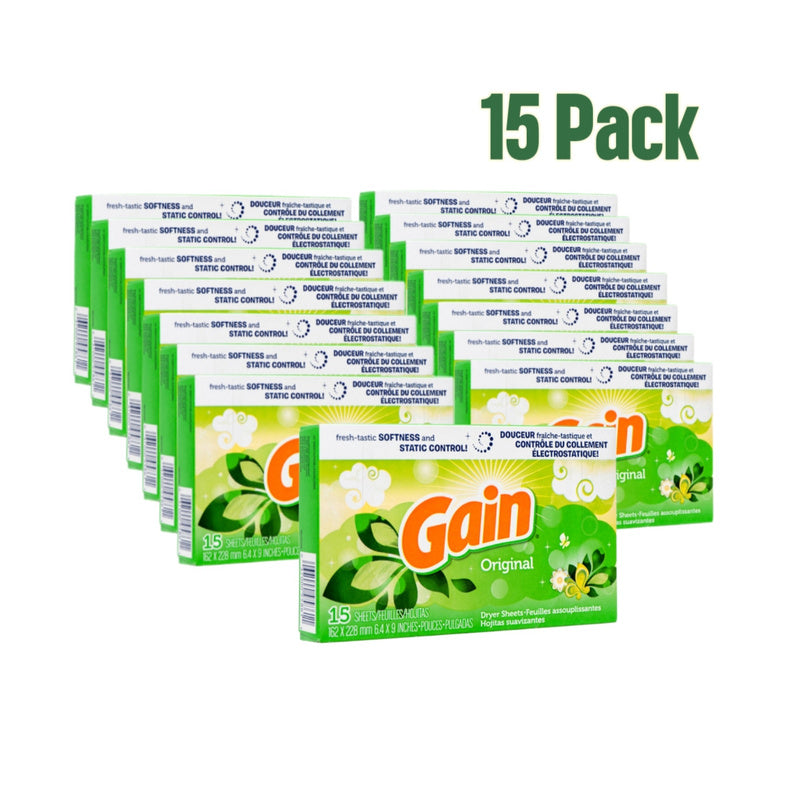 Gain Dryer Sheets Original Fresh Scent 15-Count Fabric Softener Sheets Static Control Wrinkle Reduction Long-Lasting Laundry Scent 1-Pack or 15-Pack