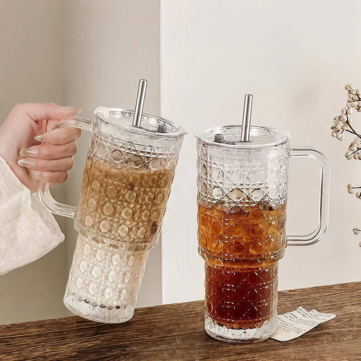 16oz Glass Tumbler with Lid and Straw 1pc or 2pcs - Heavy Duty Reusable Machine Washable Drinking Glass for Iced Coffee Smoothies Cocktails Juices, Home Office Travel