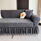 280 GSM Velvet Jacquard Sofa Cover One-Piece Full-Coverage Ruffle Detail Washable High Elastic Slipcover for 1 2 3 4 Seater L-Shape Corner Sofa Armchair Couch Protector Grey