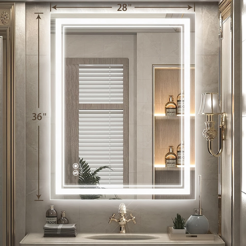 LED Bathroom Mirror with Anti-Fog, Dimmable 3-Color Lights & Stepless Brightness – Wall Mounted Vanity Mirror 24x36, 28x48, 32x40 Inch