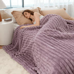 Faux Rabbit Fur Throw Blanket Ultra Soft Fluffy Striped Plush Blanket for Couch Bed Sofa Luxury Warm Winter Blanket Pink Light Brown