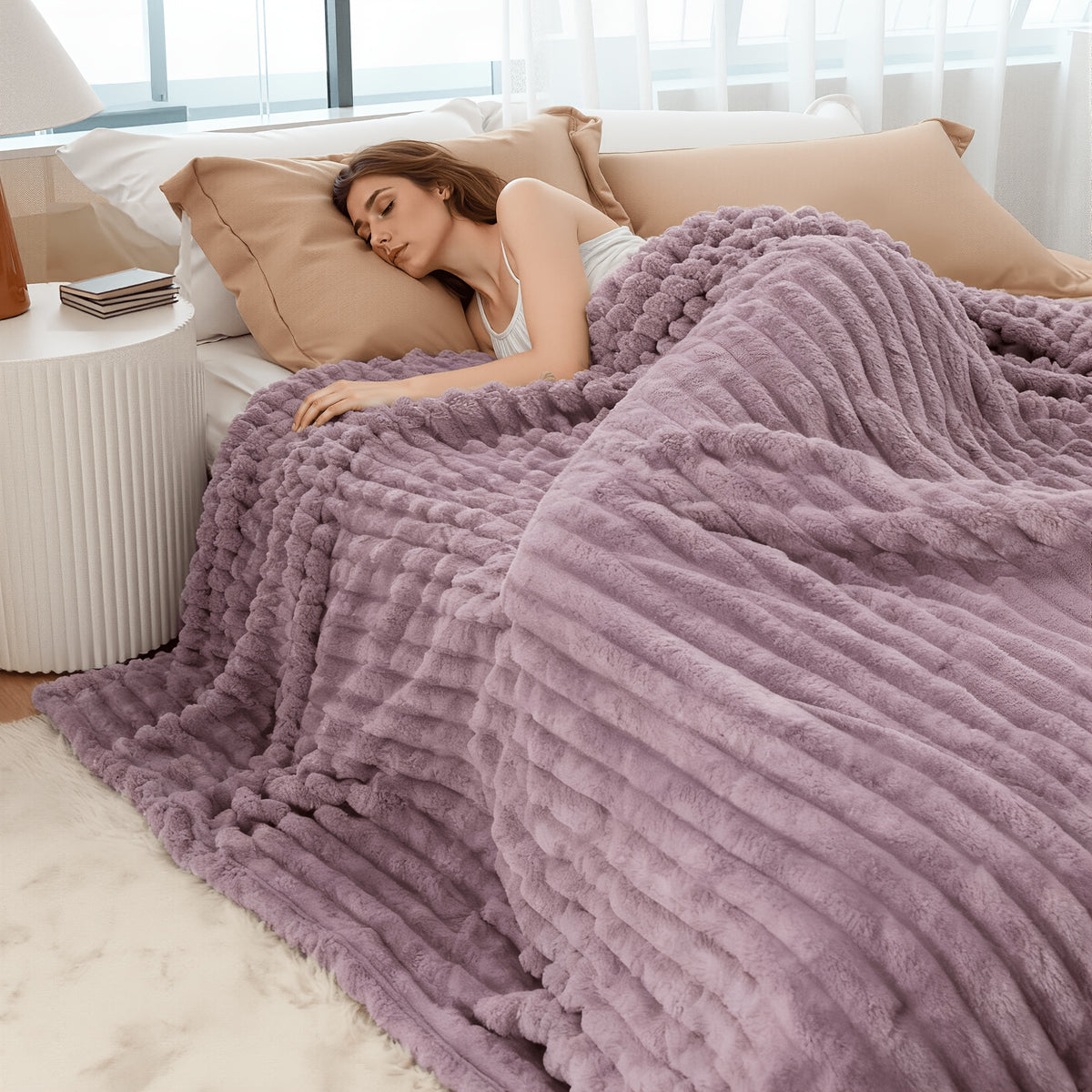 Faux Rabbit Fur Throw Blanket Ultra Soft Fluffy Striped Plush Blanket for Couch Bed Sofa Luxury Warm Winter Blanket Pink Light Brown