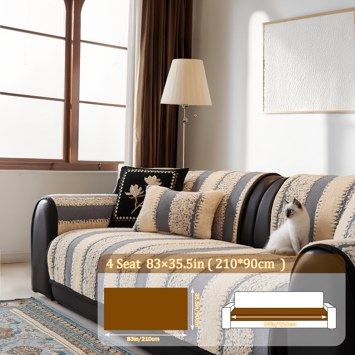Non-Slip Sofa Slipcover, Striped Couch Cover for 2/3/4 Seater with Silicon Rubber Backing, Pet-Friendly Machine Washable Furniture Protector, All-Season Soft Sofa Cover, Sold by Piece