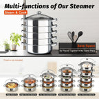 304 Stainless Steel Stackable Steamer Pot with Tempered Glass Lid – 2-Tier or 5-Tier Heavy-Duty Steam Cooker for Dumplings Vegetables Pasta Meat, Home & Commercial