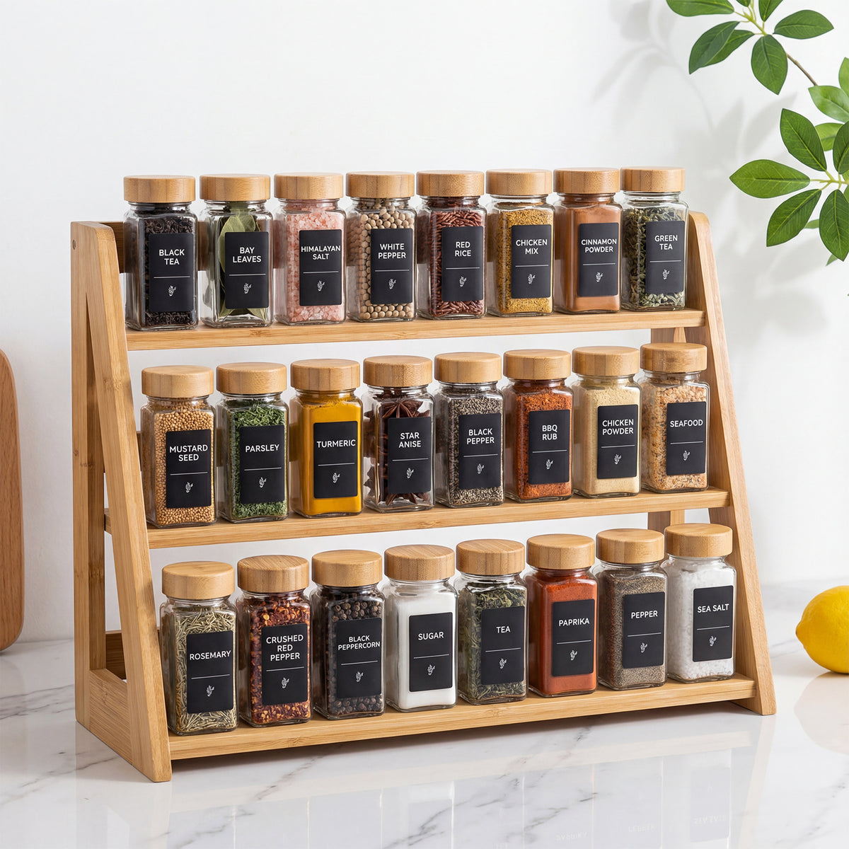 Glass Spice Jars Set with Acacia Wood Lids - 4oz Square Spice Bottles with Shaker Lids, Labels & Grinders for Kitchen Spice Storage and Organization